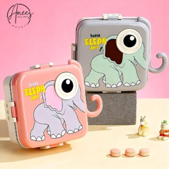 Kids Stainless Steel Lunch Box with Sauce Cup – Elephant Design (Pink & Grey)