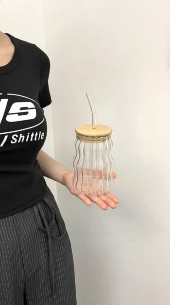 Aesthetic Ribbed Glass Tumbler with Bamboo Lid