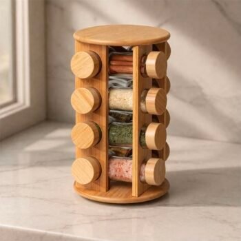 Imported Wooden 360° Rotating Spice Organizer – 16 Jars Set